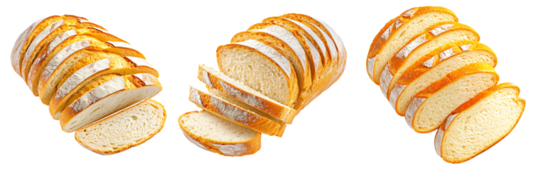 Set of loaf of wheat bread showing its golden crust and soft interior, isolated on white transparent background.