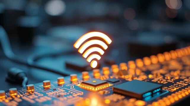 Close-Up of Circuit Board with Wireless Signal Icon Illuminated