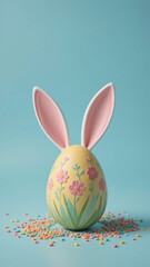 Obraz premium Pastel Easter egg with bunny ears and sprinkles on sky blue background