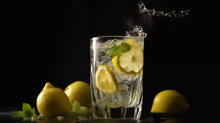 A refreshing drink with lemon slices and water splashing on black background