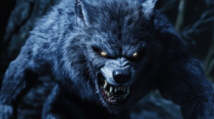 A ferocious werewolf with glowing eyes in a dark forest.