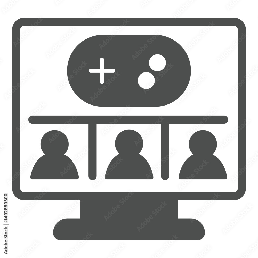 Poster monitor screen with players and joystick solid icon, computer concept. vector graphics. display and 