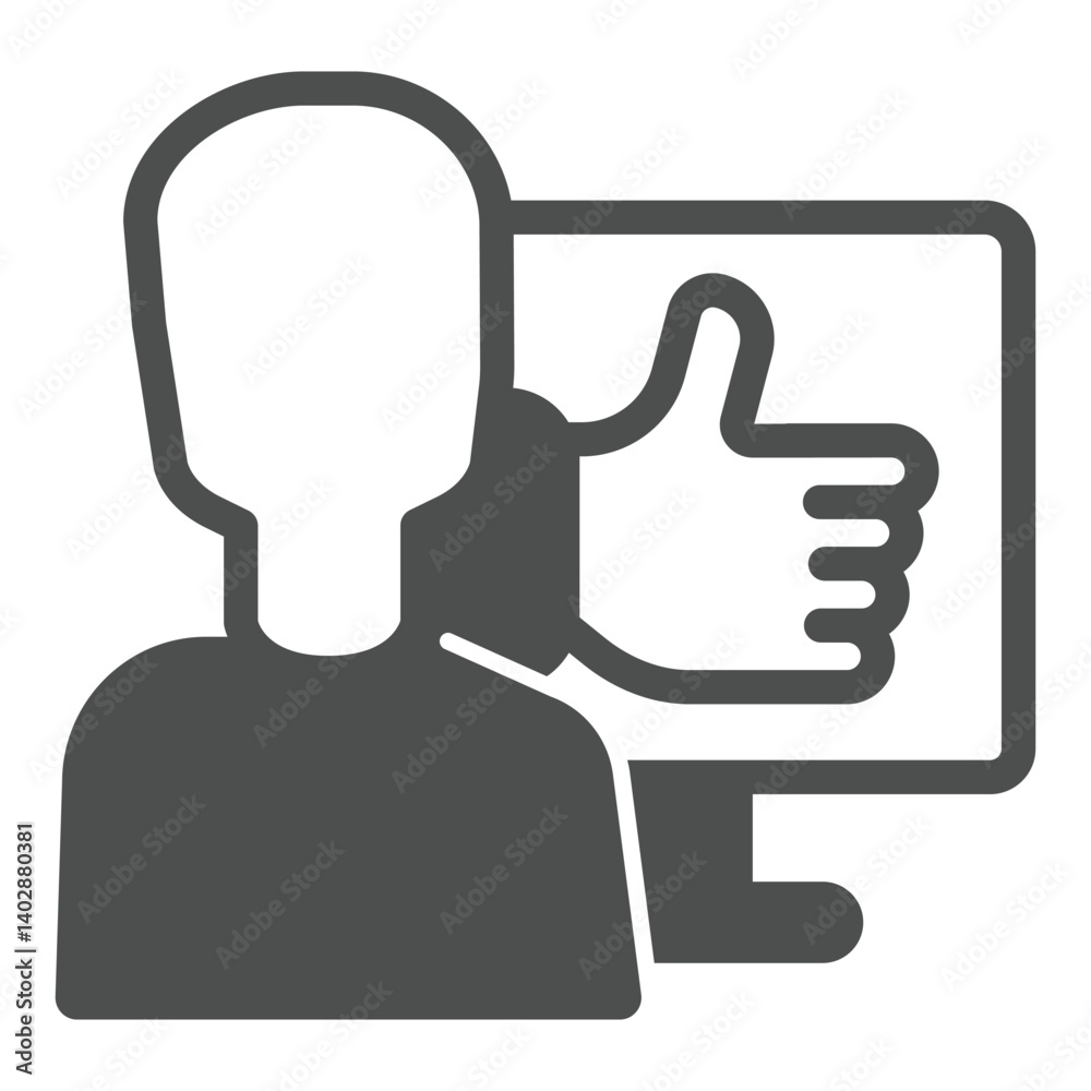 Poster man and monitor with thumb up like hand solid icon, neural dataset concept. vector graphics. user fe
