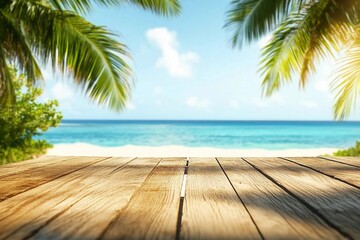 Table background of free space for your decoration and summer landscape of ocean with two palms and blue sky.