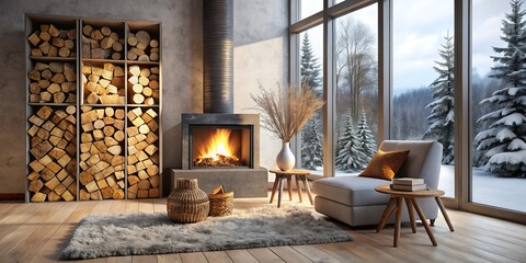 Cozy Winter Retreat Fireplace, Wood Storage, and Lounge Chair by Panoramic Window