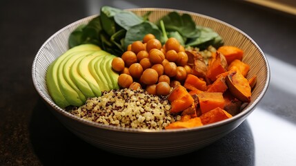 Fototapeta premium Vegan Buddha bowl with chickpeas, quinoa, avocado, and roasted sweet potatoes