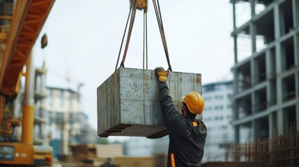 Construction worker lifting heavy materials. Featuring physical labor and precision