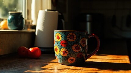 A floral ceramic mug sits on a wooden kitchen surface