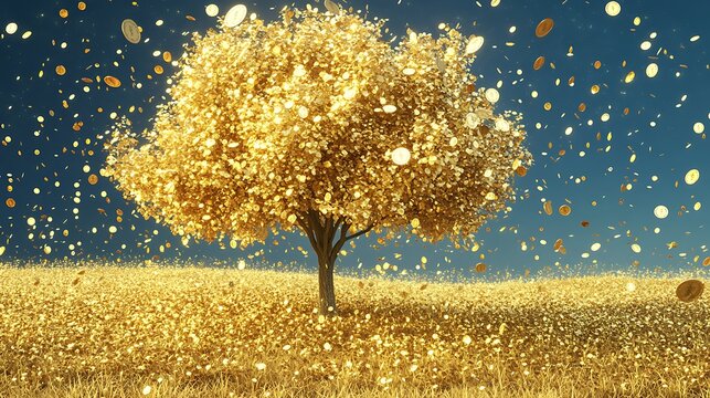 Majestic golden money tree standing tall in a tranquil meadow sparkling with golden leaves gentle breeze