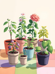 Obraz premium A visually appealing illustration of various flowering potted plants in full bloom, showcasing a colorful display.
