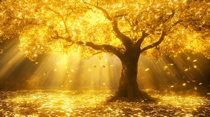 Enchanting golden money tree spreading golden light in a fantasy forest magical aura