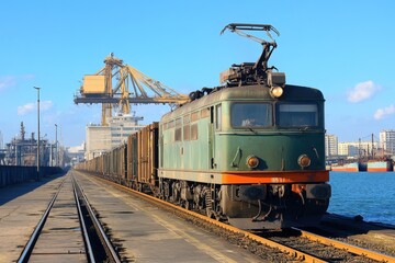 Obraz premium A green electric train is pulling freight containers on the tracks