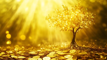 Enchanting golden money tree spreading golden light in a fantasy forest magical aura