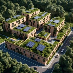 Fototapeta premium Eco-Friendly Apartment Complex with Green Roofs and Solar Panels