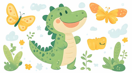Naklejka premium A cute green dinosaur with butterflies and flowers in a nature scene.