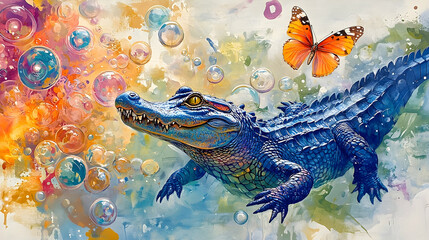 Fototapeta premium A vibrant alligator surrounded by colorful bubbles and a butterfly.