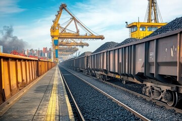 Naklejka premium A train loaded with coal is at a industrial port