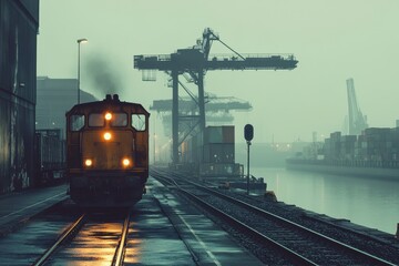 A yellow train at a misty industrial shipping port is present