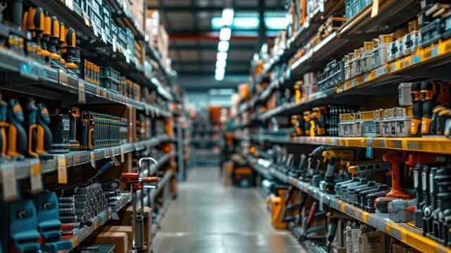 Hardware store aisle featuring a wide variety of cordless power tools for construction and renovation