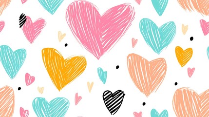 Colorful Hand Drawn Hearts Seamless Pattern Texture Background