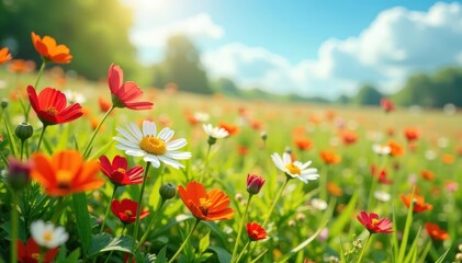 Vibrant wildflowers in full bloom, sunny meadow , day, bee