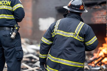 Back view of a fire investigator investigating at an arson scene with copy space