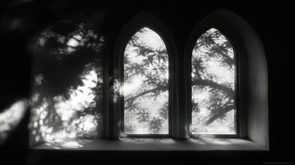 A dramatic interior scene with two arched windows and light