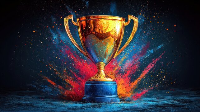 Golden Trophy in a Colorful Explosion: A Celebration of Victory and Achievement