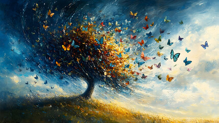 A vibrant tree releasing a multitude of colorful butterflies into a stormy sky.