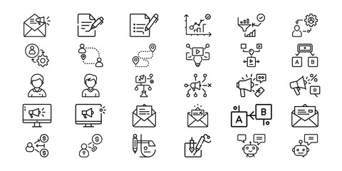 Digital marketing icon set. Containing seo, content, website, social media, sales and online advertising. Solid vector symbol collection