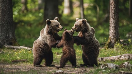 Obraz premium Three playful brown bear cubs interacting in a forest.