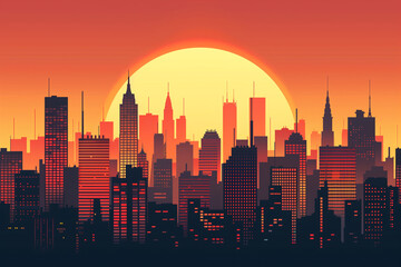 A modern vector art of a city skyline with skyscrapers and a sunset background.