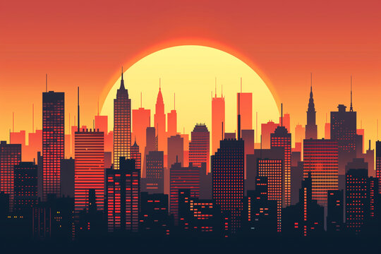 A modern vector art of a city skyline with skyscrapers and a sunset background.