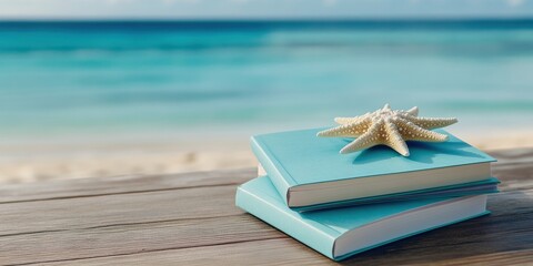 educational brochures, educational ocean brochures displayed on a wooden table with sharp text and graphics, ocean backdrop blurred in the background