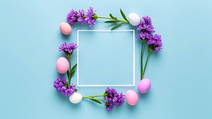 Easter eggs and flowers background.