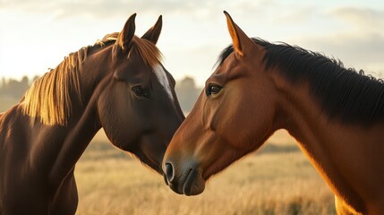 Obraz premium Two horses tenderly facing each other in a golden field.