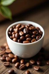 Fototapeta premium Raw coffee beans in a white ceramic container, coffee cups, coffee