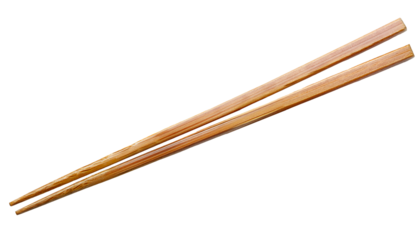 natural bamboo wooden chopsticks angled top view, textured rustic asian utensils for dining on isolated background
