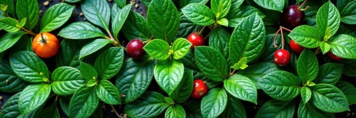 Vibrant collection of exotic forest herbs and leafy greens, outdoor landscape, tropical