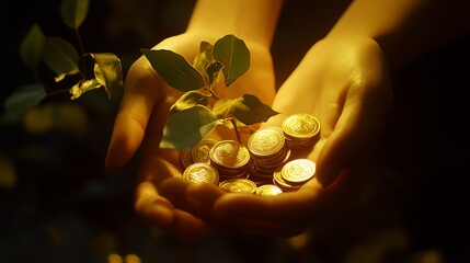 A radiant money plant flourishing from financial savings represented by golden coins in hands illuminated by soft light