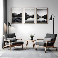 Modern Living Room Interior with Black and White Landscape Prints