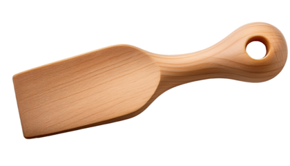 flat wooden scoop tool top view, smooth natural wood texture with handle hole for kitchen or clay crafting use on isolated background
