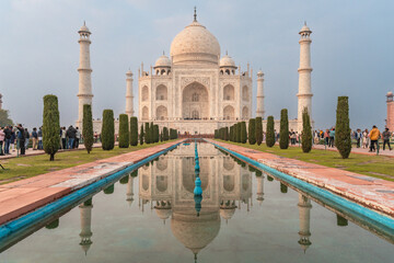 View of Taj Mahal in Agra, Uttar Pradesh, India. Marble mausoleum built by the Mughal emperor Shah...