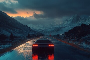 A futuristic vehicle driving on a wet road towards mountain peaks