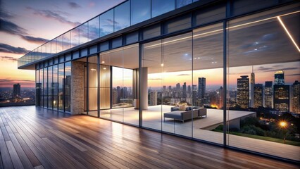 Obraz premium Serene Evening Cityscape Viewed from a Luxurious Rooftop Terrace with Modern Architectural Design and Panoramic Glass Walls