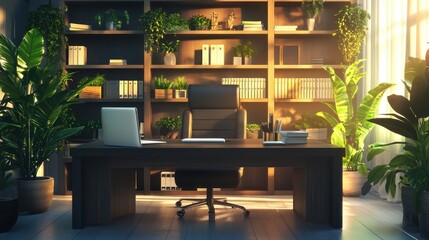 Well lit modern office space filled with plants and desk