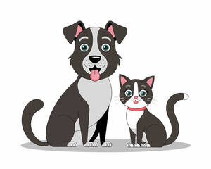 Obraz premium Cartoon Dog and Cat Sitting Together: Cute Animal Friends Illustration