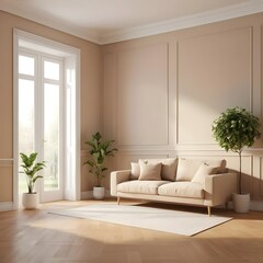 Beige Sofa in a Sunlit Living Room with French Doors
