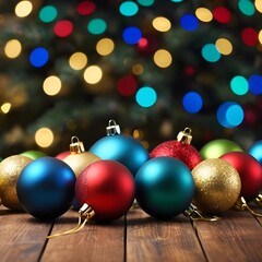Obraz premium Christmas Ornaments on Wooden Table with Bokeh Background