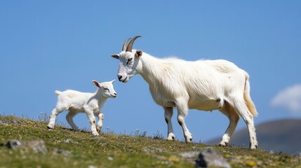 Obraz premium A mother goat and her young kid on a grassy hilltop.